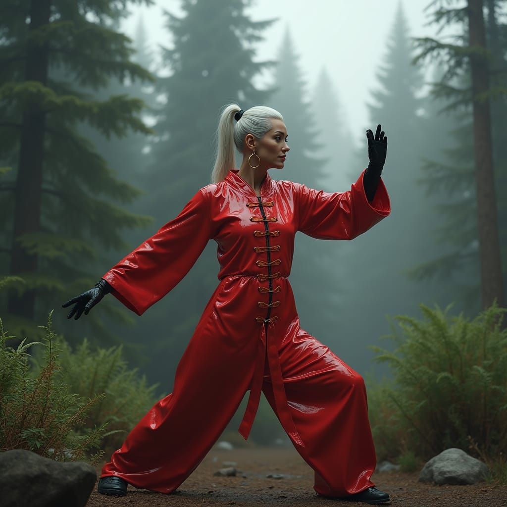 Elderly Woman in Red Latex Tai Chi in Misty Forest