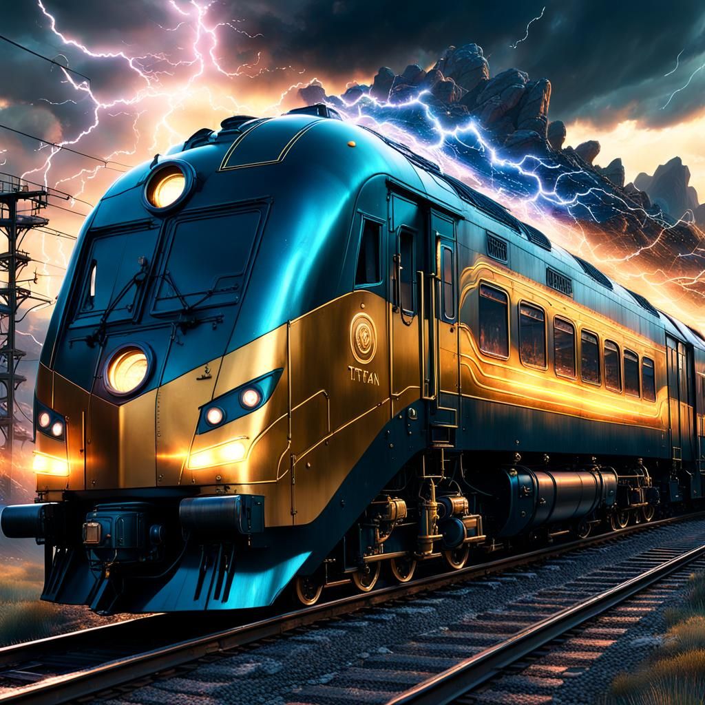 Golden Hour Lightning Train: Detailed Fantasy Art