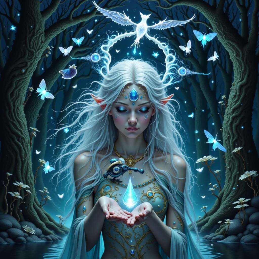 Ethereal Oracle with Clockwork Raven in Moonlit Glade