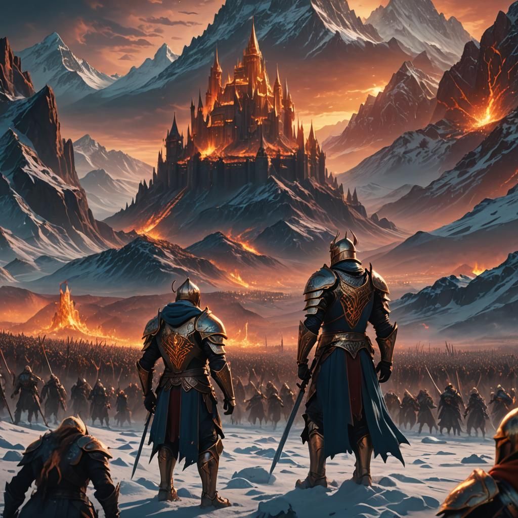 Paladin Confronts Horde in Dark Fantasy Landscape