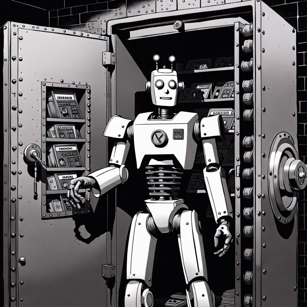 Robot Detective in Bank Vault, 1950s Comic Style