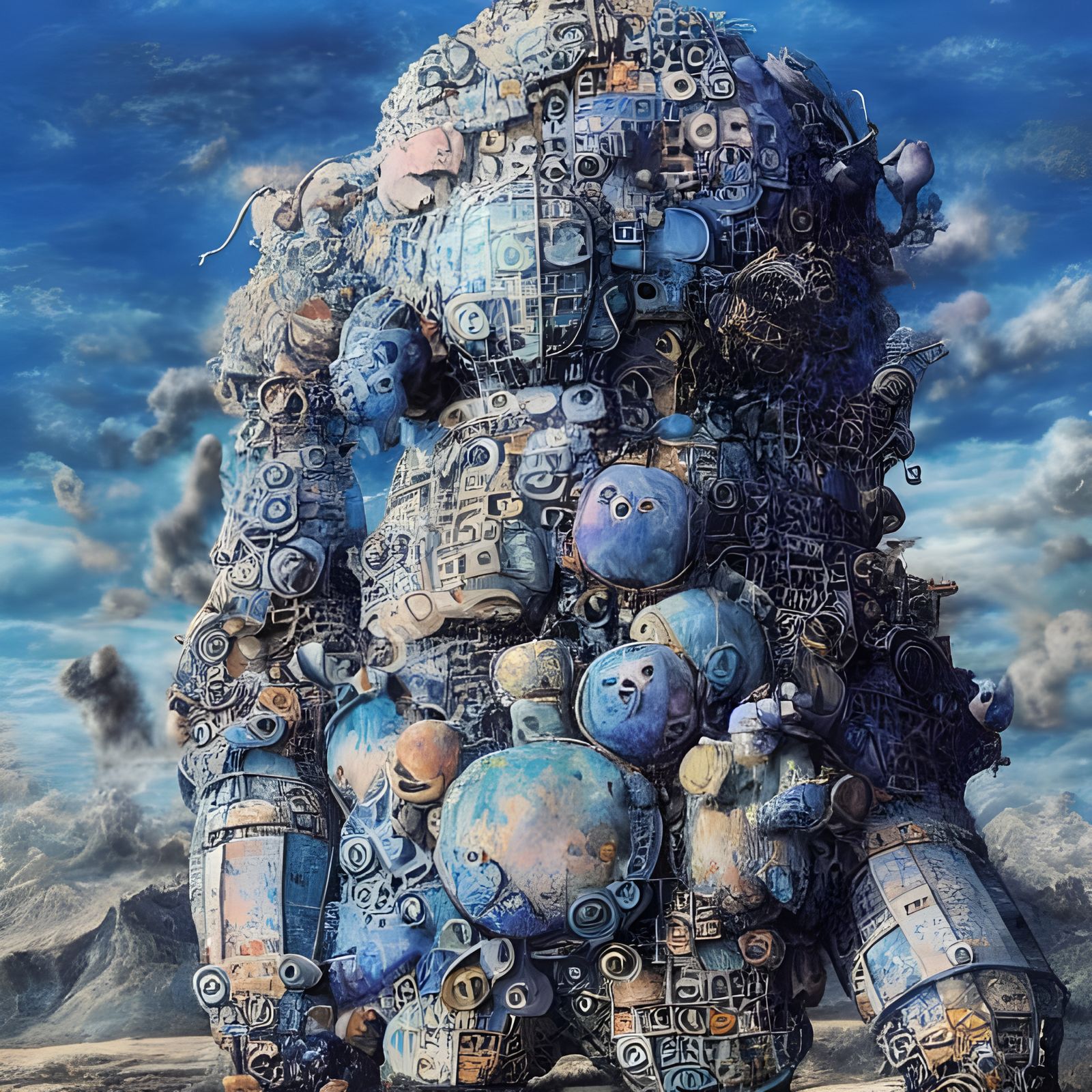 Blue Sky Golem: Vivid Mixed Media Illustration