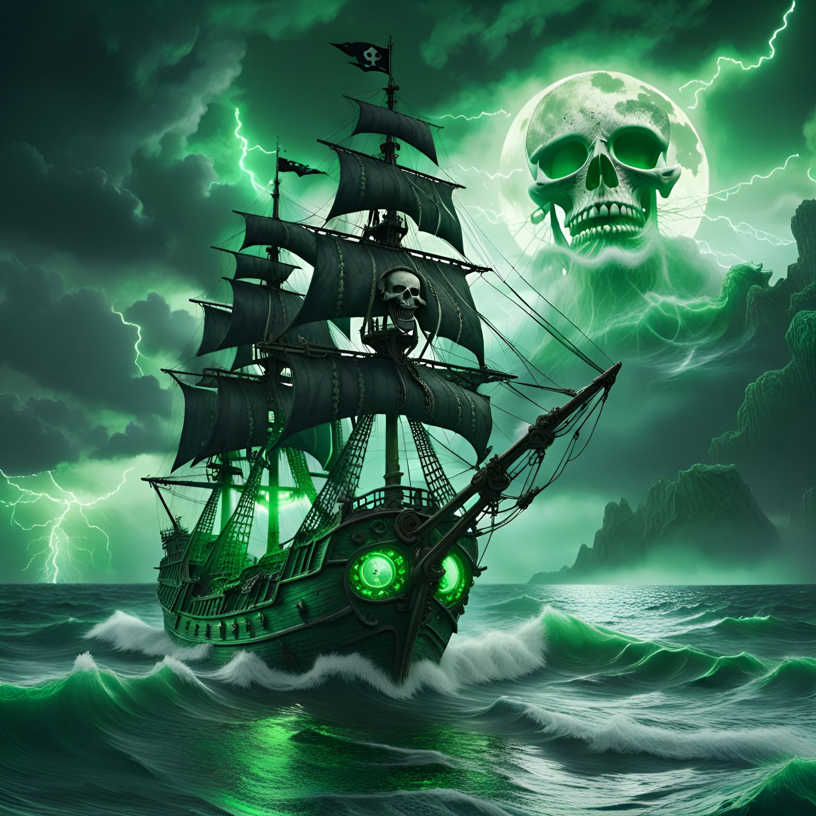 Skeleton Pirate Ship Struck by Green Lightning
