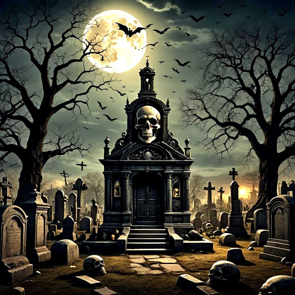Steampunk Skull Tomb in Graveyard, Digital 3D Art