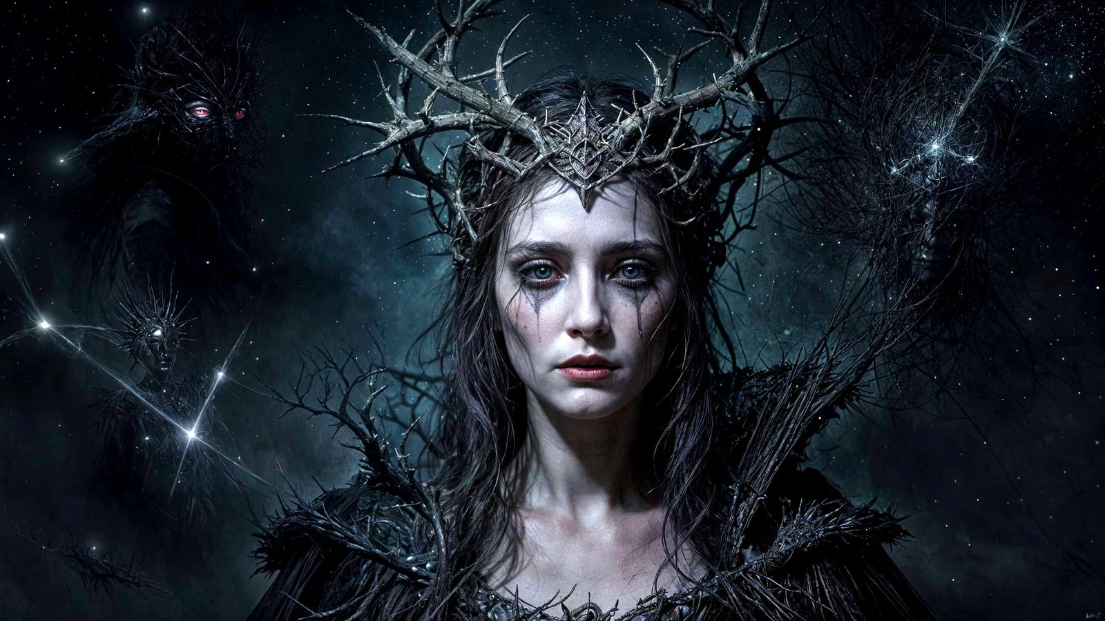 Dark Fantasy Queen Portrait with Cosmic Abyss Background