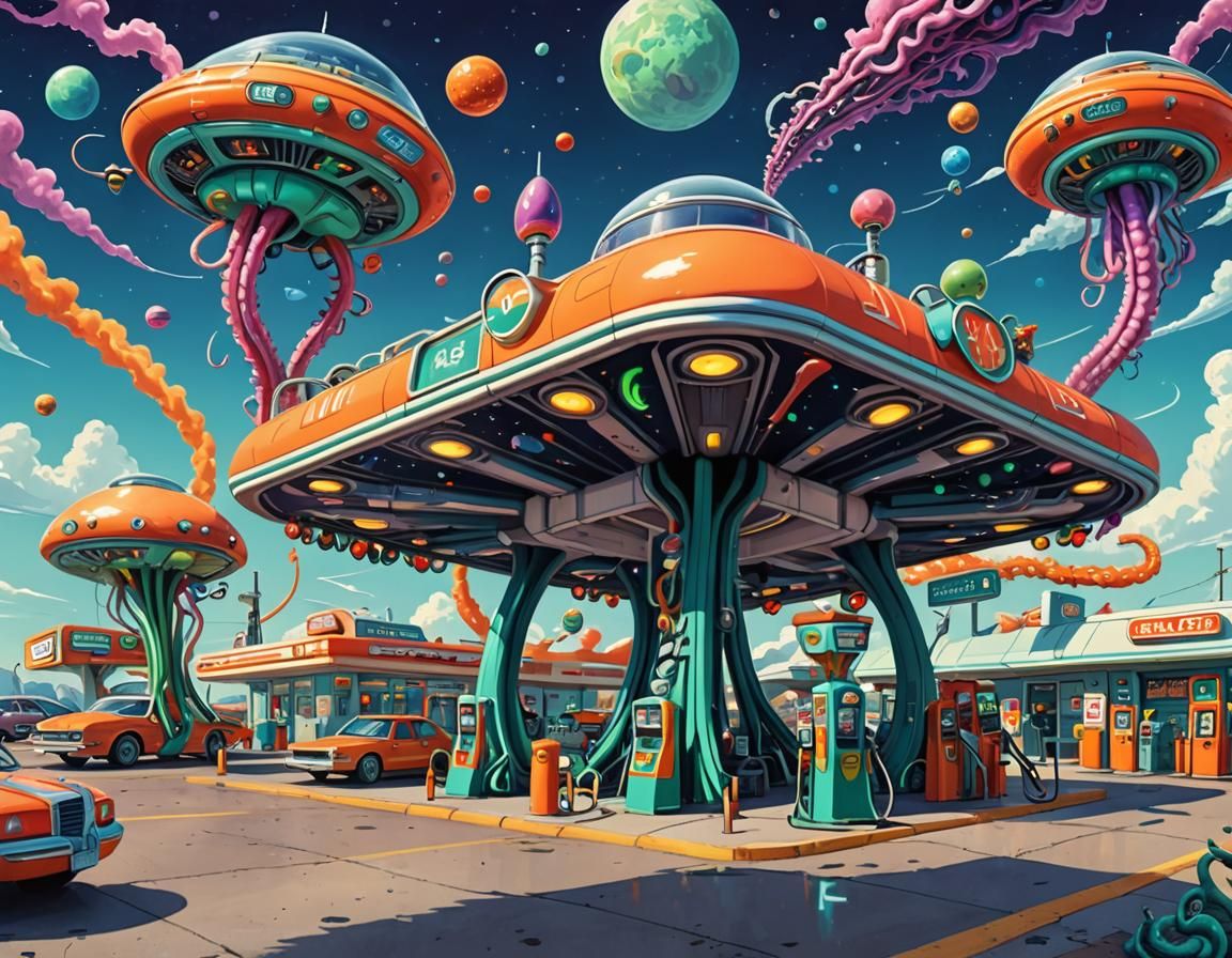 Intergalactic Gas Station: A Surreal Cartoon Illustration