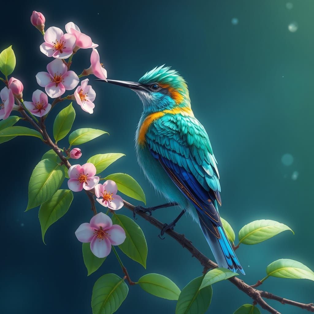 Emerald Hummingbird Among Cherry Blossoms, Anime Style