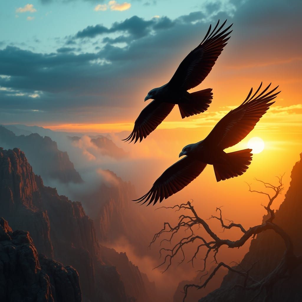 Ethereal Ravens Soar Over Mystical Canyon Landscape