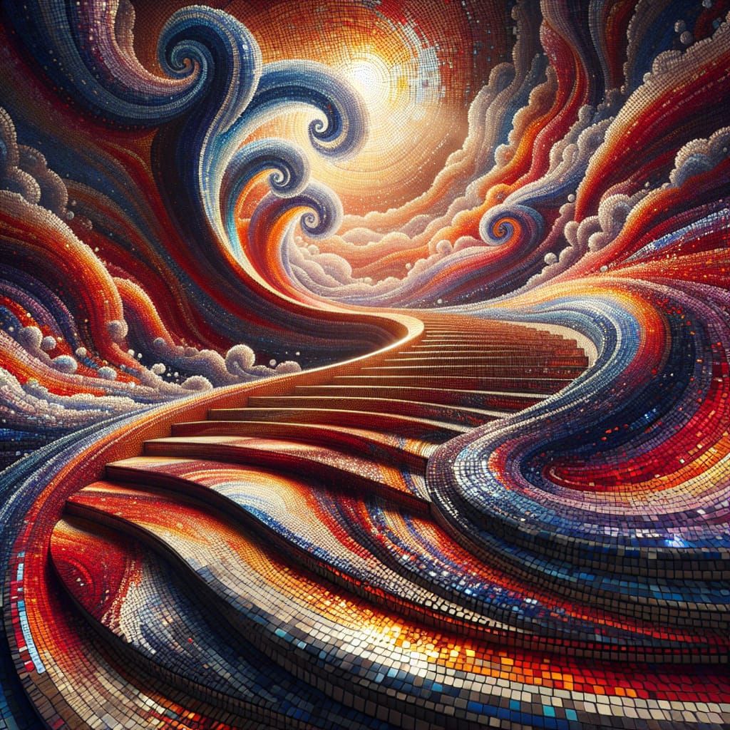 Pointillist Mosaic of Waves Ascending Staircase