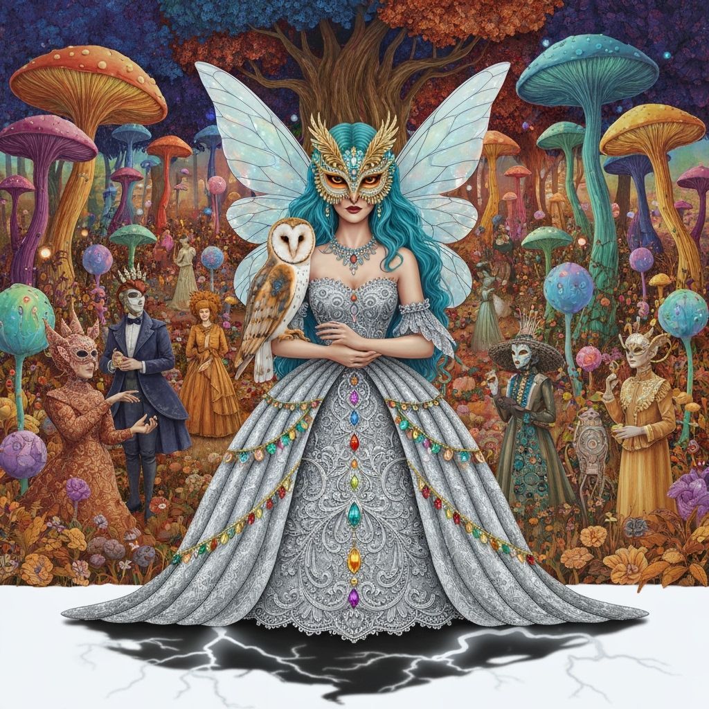 Majestic Fairy Woman with Owl Mask in Fantasy Forest