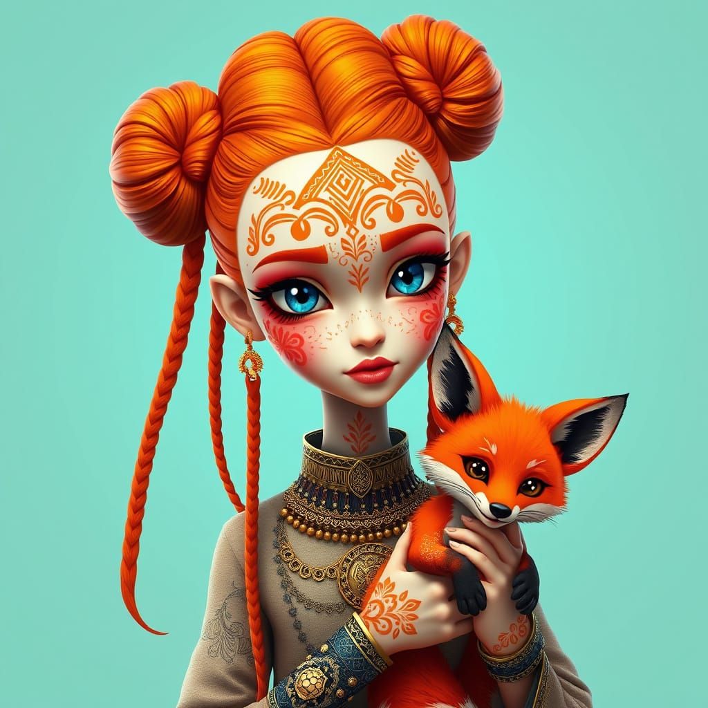 Vibrant Female Character with Orange Hair and Fox