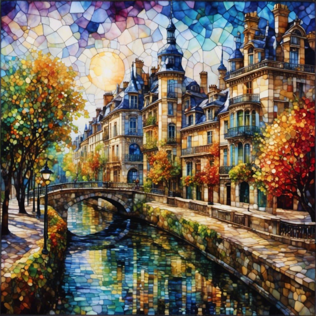Stained Glass Cityscape in Impressionist Style