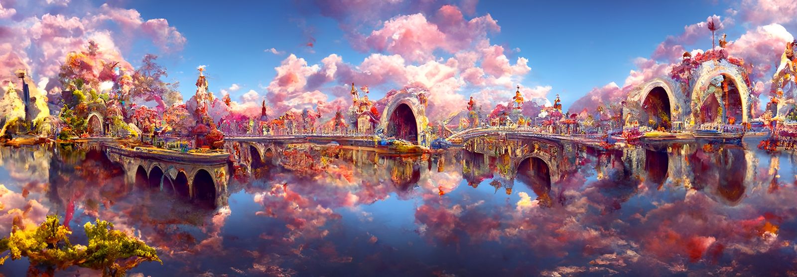 Enchanted City Panorama with Whimsical Bridge