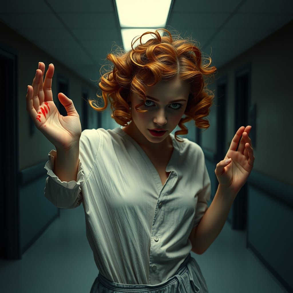 Zombie Woman in Tattered Hospital Attire Dances in Dark Hosp...