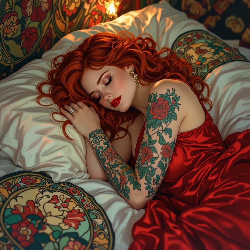Red-Haired Woman Sleeping, Art Nouveau Style