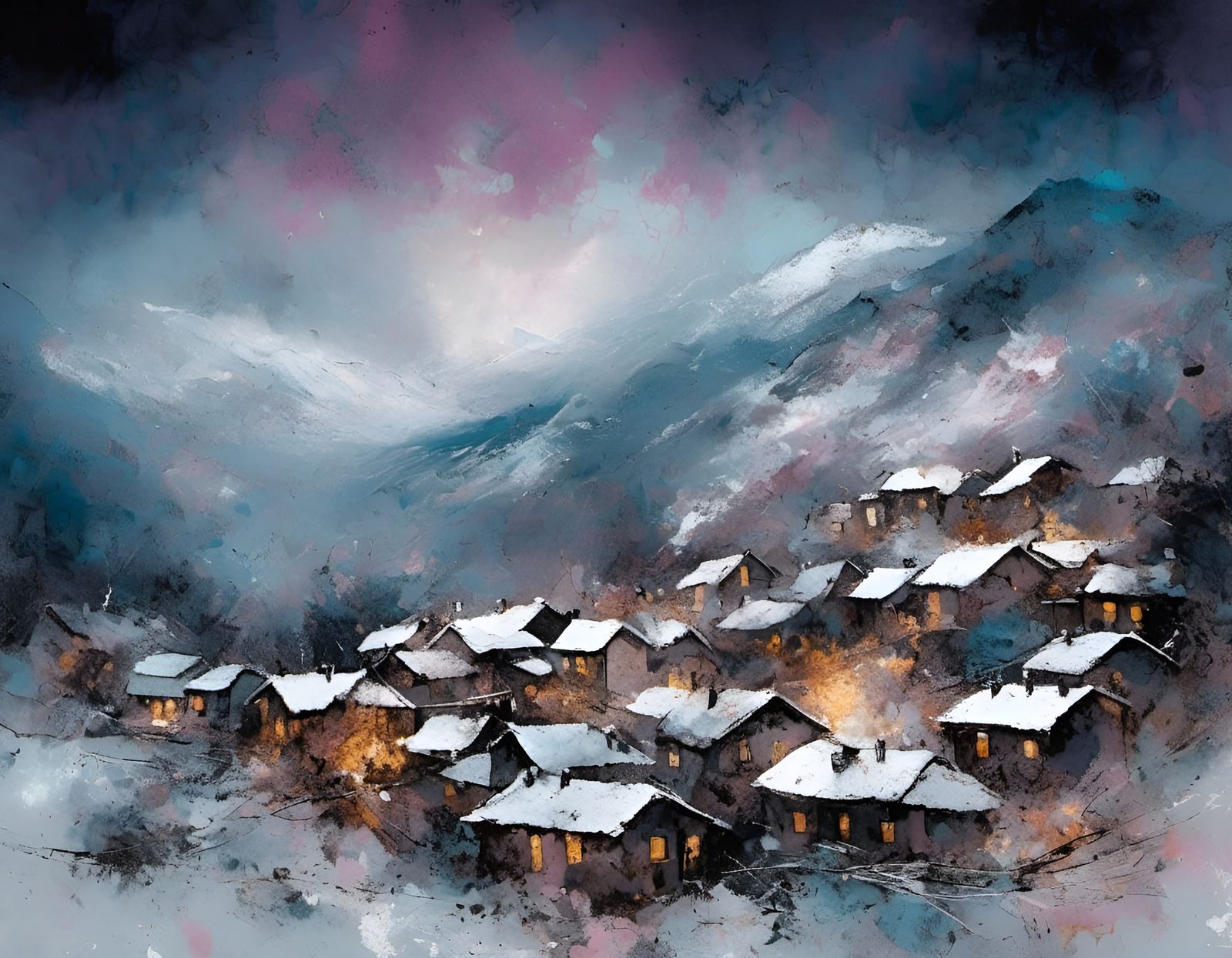 Mountain Village Blizzard in Impressionist Style