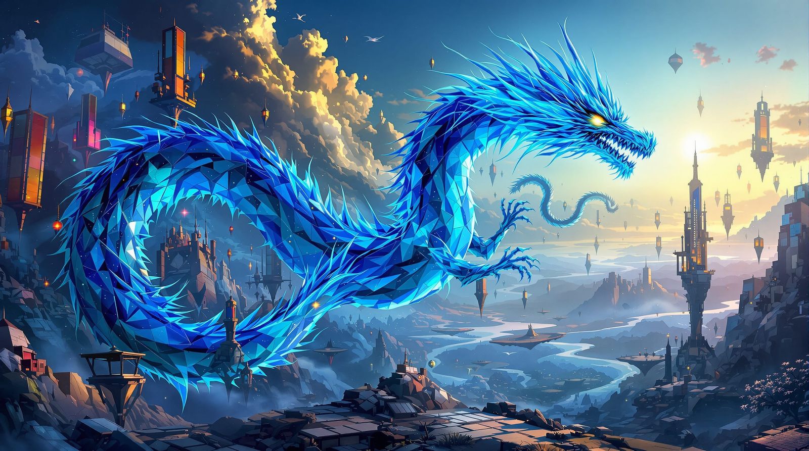 Surreal Blue Dragon in Abstract Dreamscape