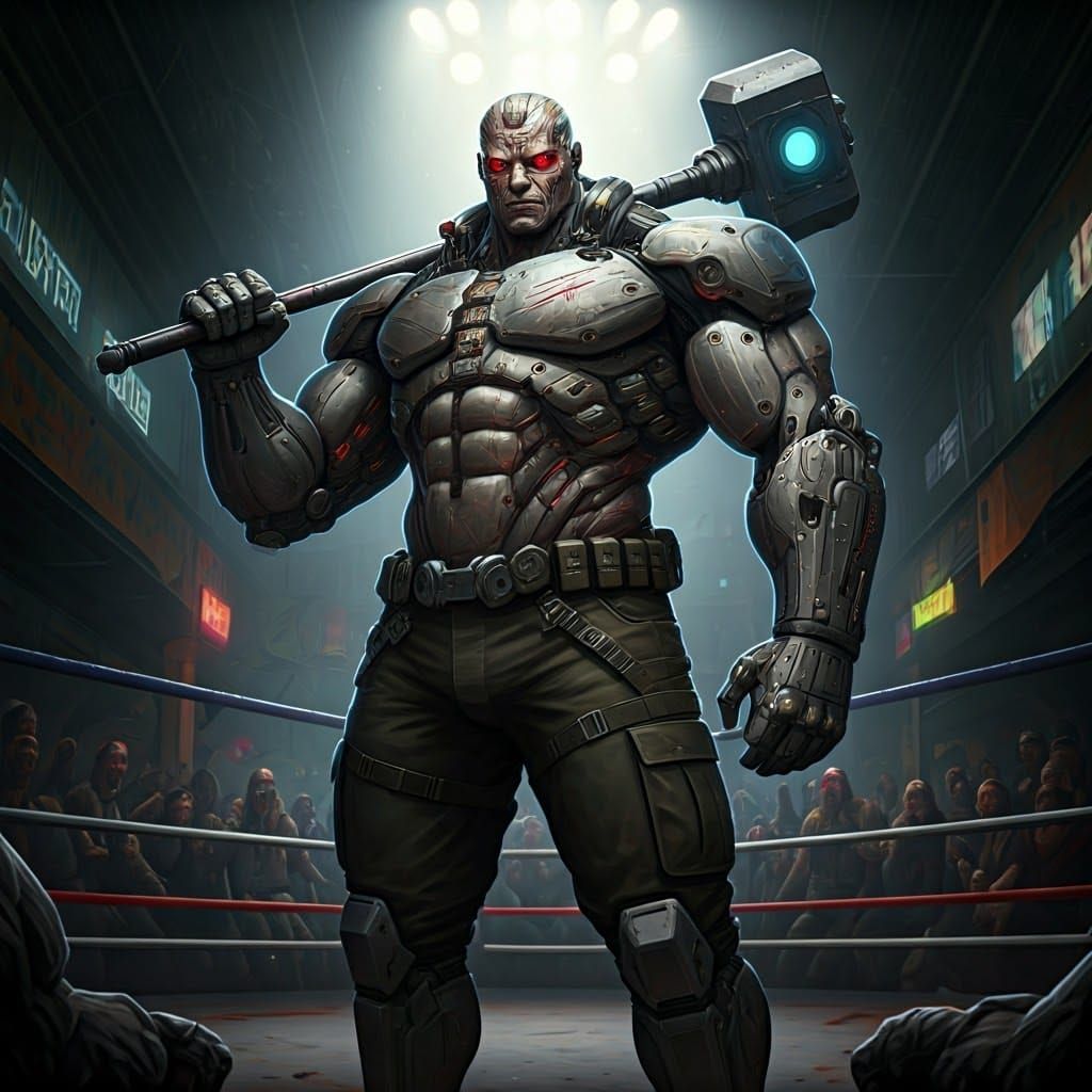 Cyberpunk Cyborg Warrior in Underground Fighting Ring