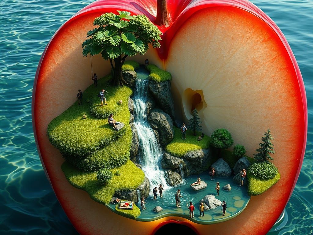 Fantasy Apple World with Miniature Landscape and Waterfall