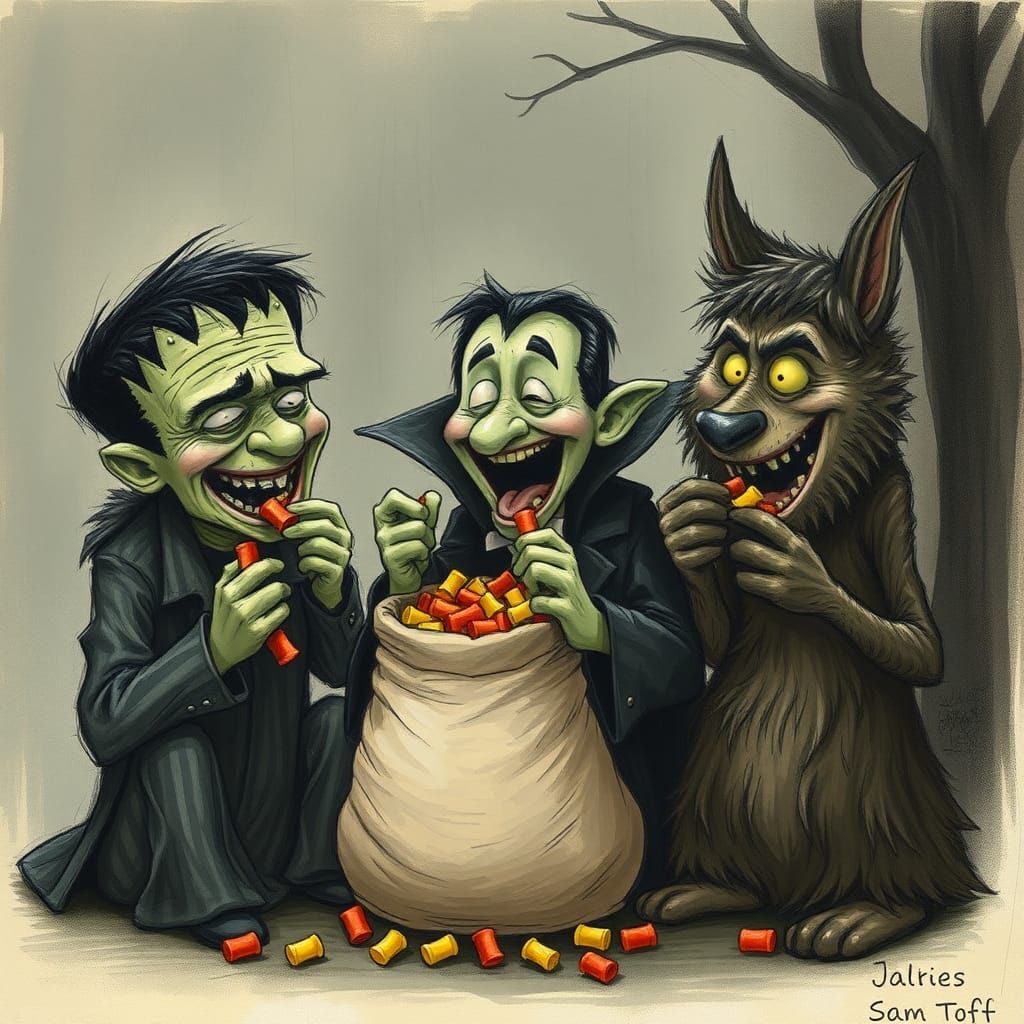 Monsters' Halloween Feast in Naive Art Style