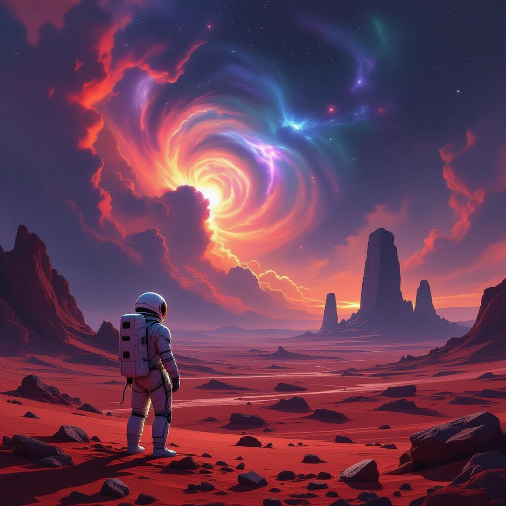 Astronaut Gazes at Nebula on Crimson Planet with Crystalline...