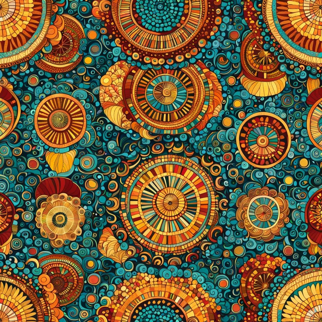 Intricate Autumn Pattern with Gold Lines and Turquoise Accen...