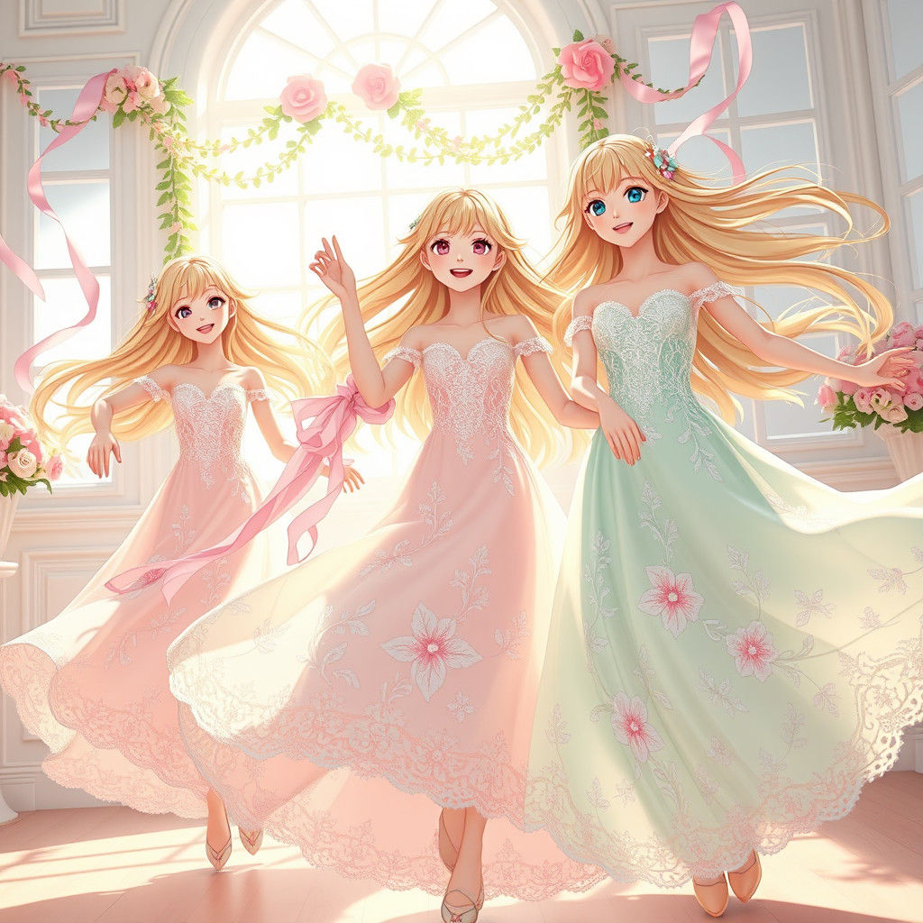 Radiant Girls Dancing in Sunlit Room, Anime Style