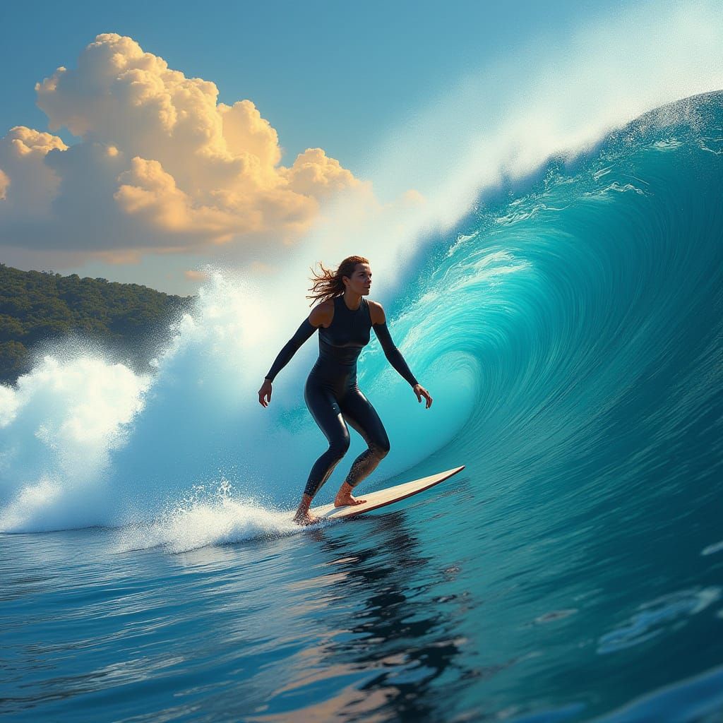 Surfer Rides Epic Wave in Maximalist Style