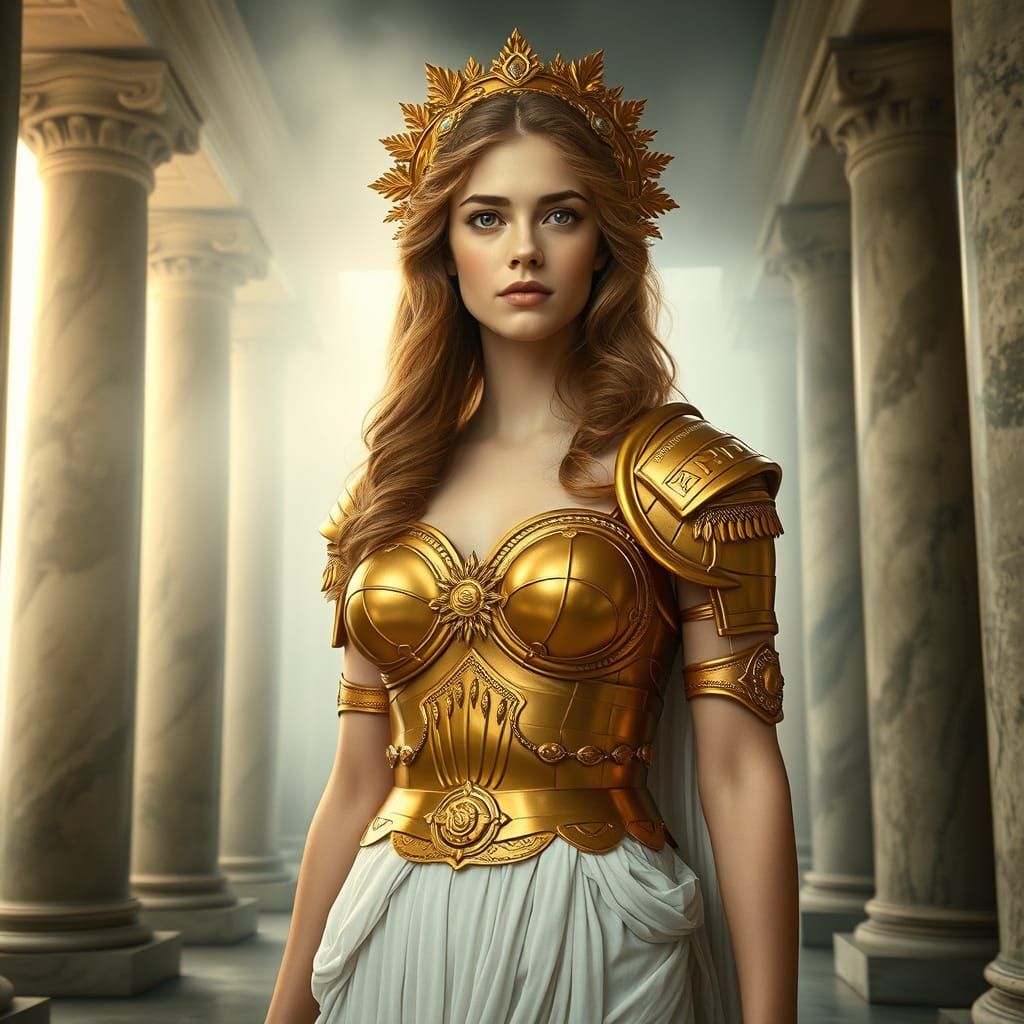 Golden Goddess of Wisdom in Ancient Greek Temple