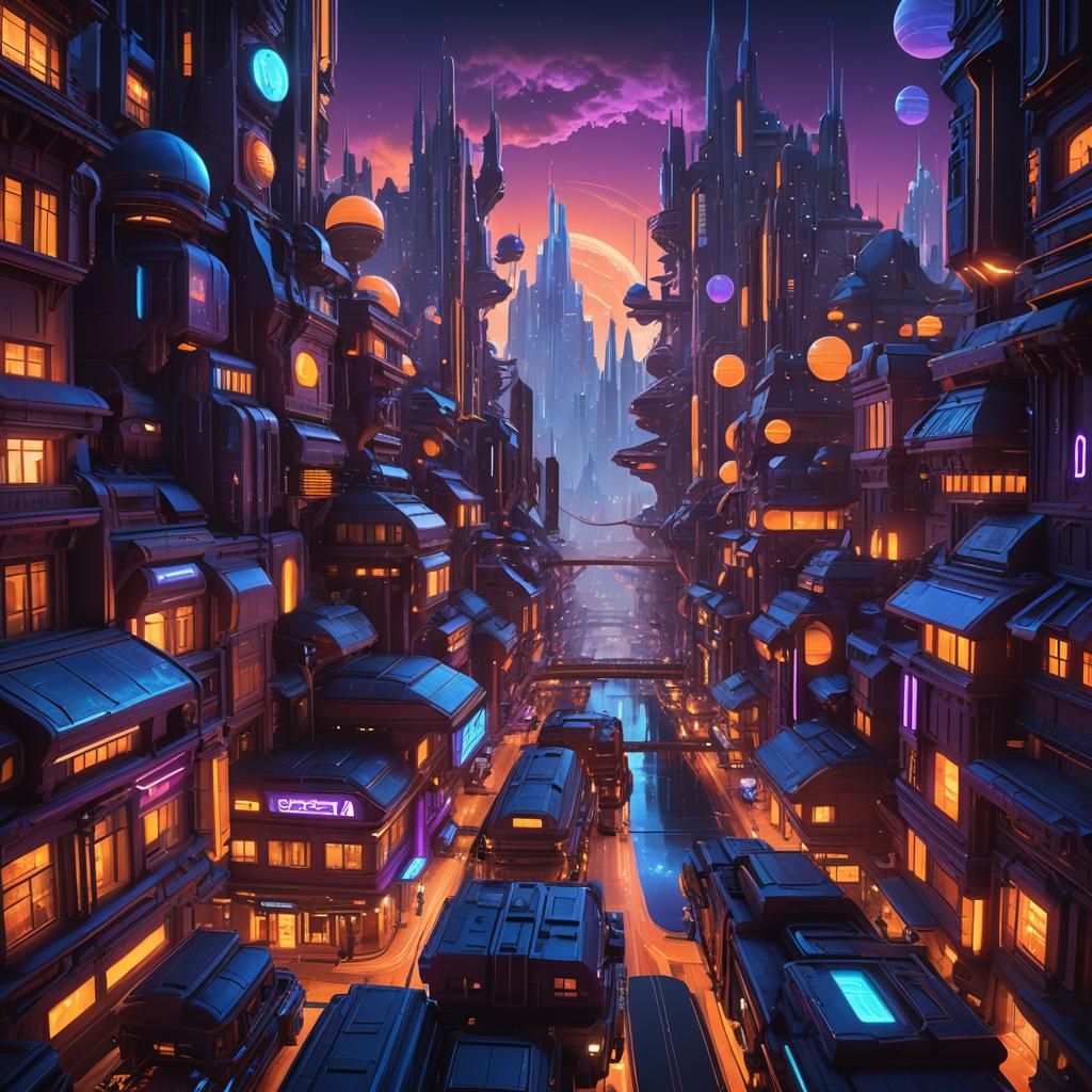 Dreamlike Dystopian Cityscape in Vibrant Matte Painting