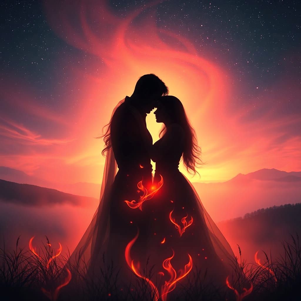 Mysterious Lovers in Dreamy, Starry Landscape