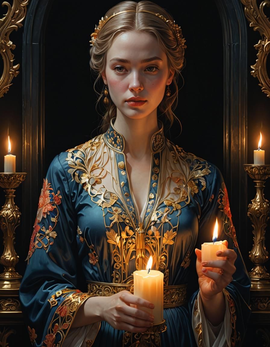 Hyperdetailed Portrait of Woman with Candle by James Jean