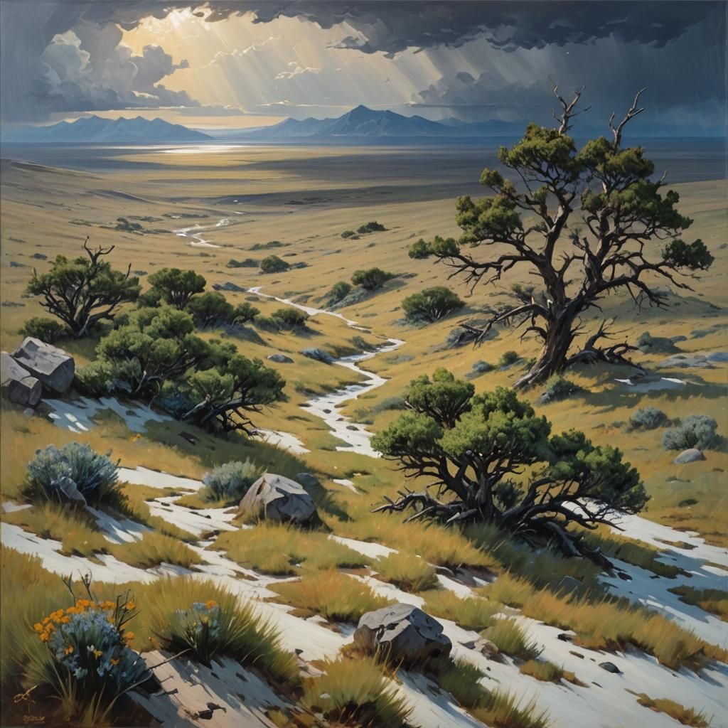 Resilient Steppe Survives the Storm: An Oil Painting