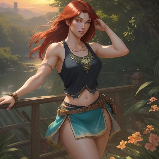 Gorgeous Artist Girl with Flowing Red Hair, Hyperdetailed Ar...