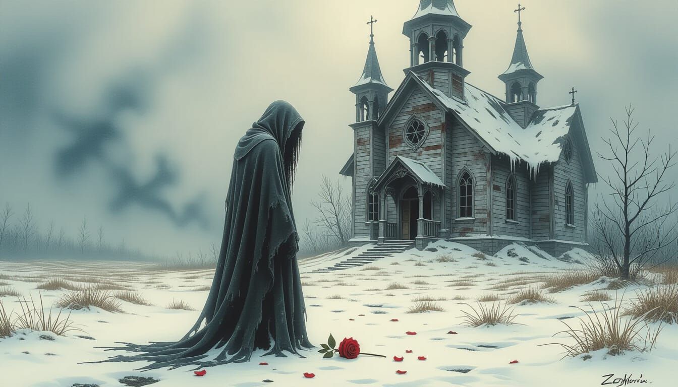 Desolate Figure in Snowy Ruins, Watercolor and Digital Art