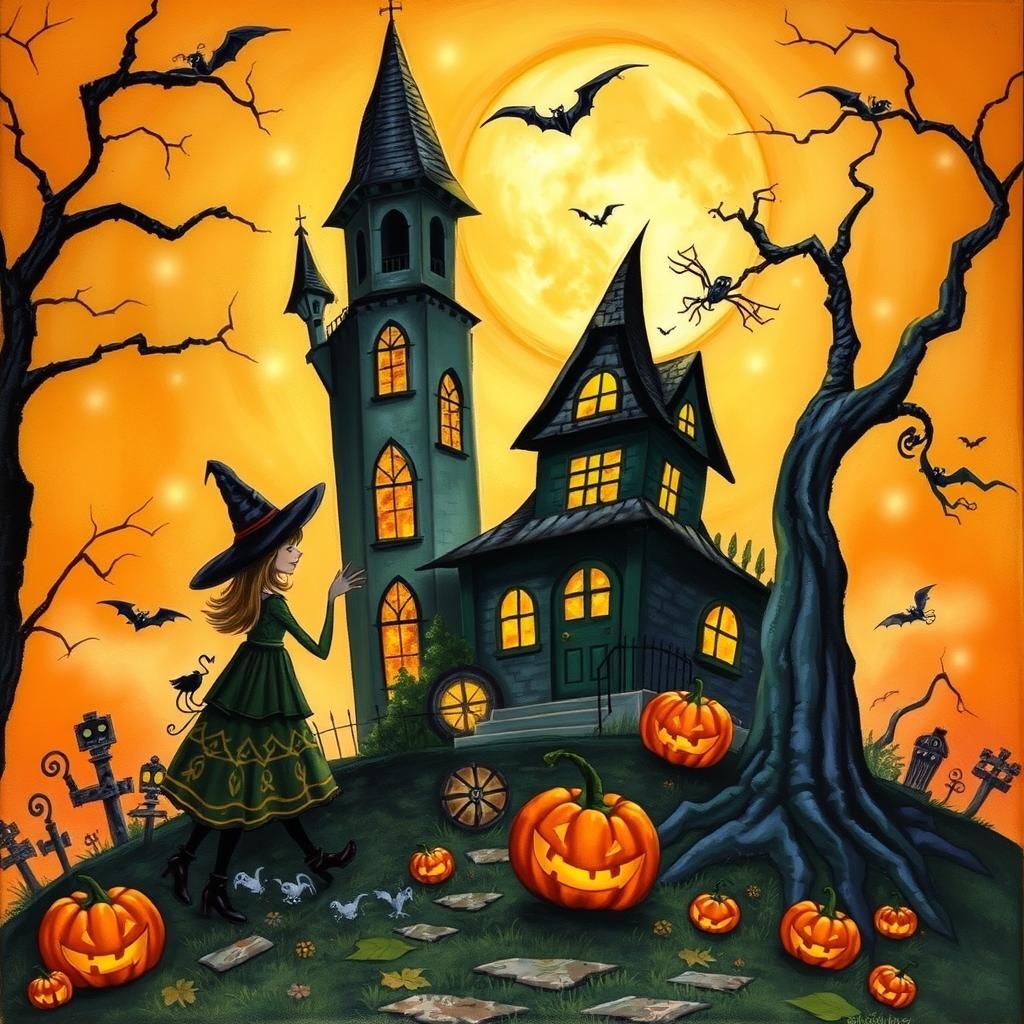 Enchanting Halloween Scene in Mixed Artistic Styles