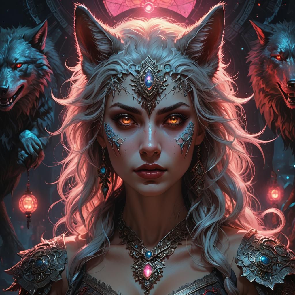 Elaborate Female Werewolf Portrait in Hyperdetailed Style