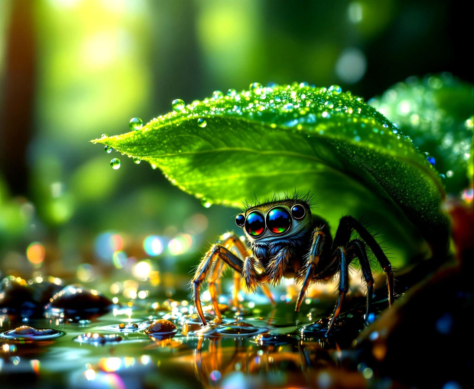 Vibrant Cartoon Spider in Rainy Forest