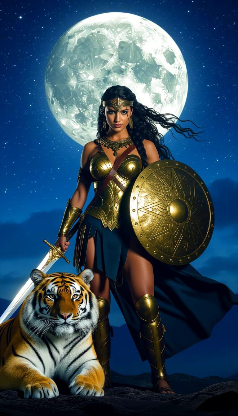 Amazon Warrior and Tiger Under Starry Night