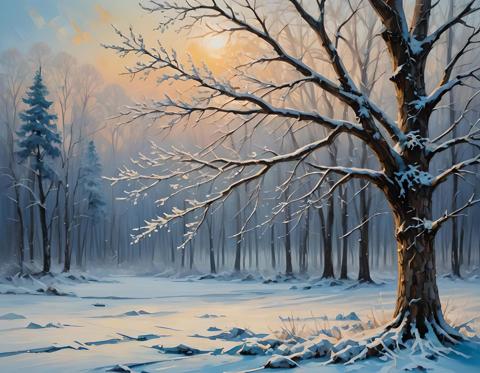 Abstract Winter Landscape: Impasto Oil Painting