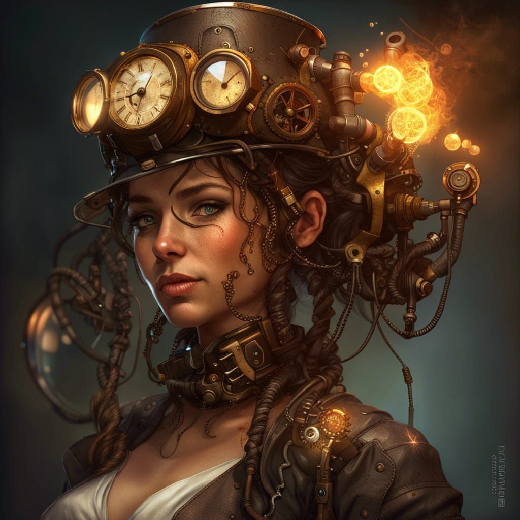 Mischievous Steampunk Girl Portrait in Digital Art Style