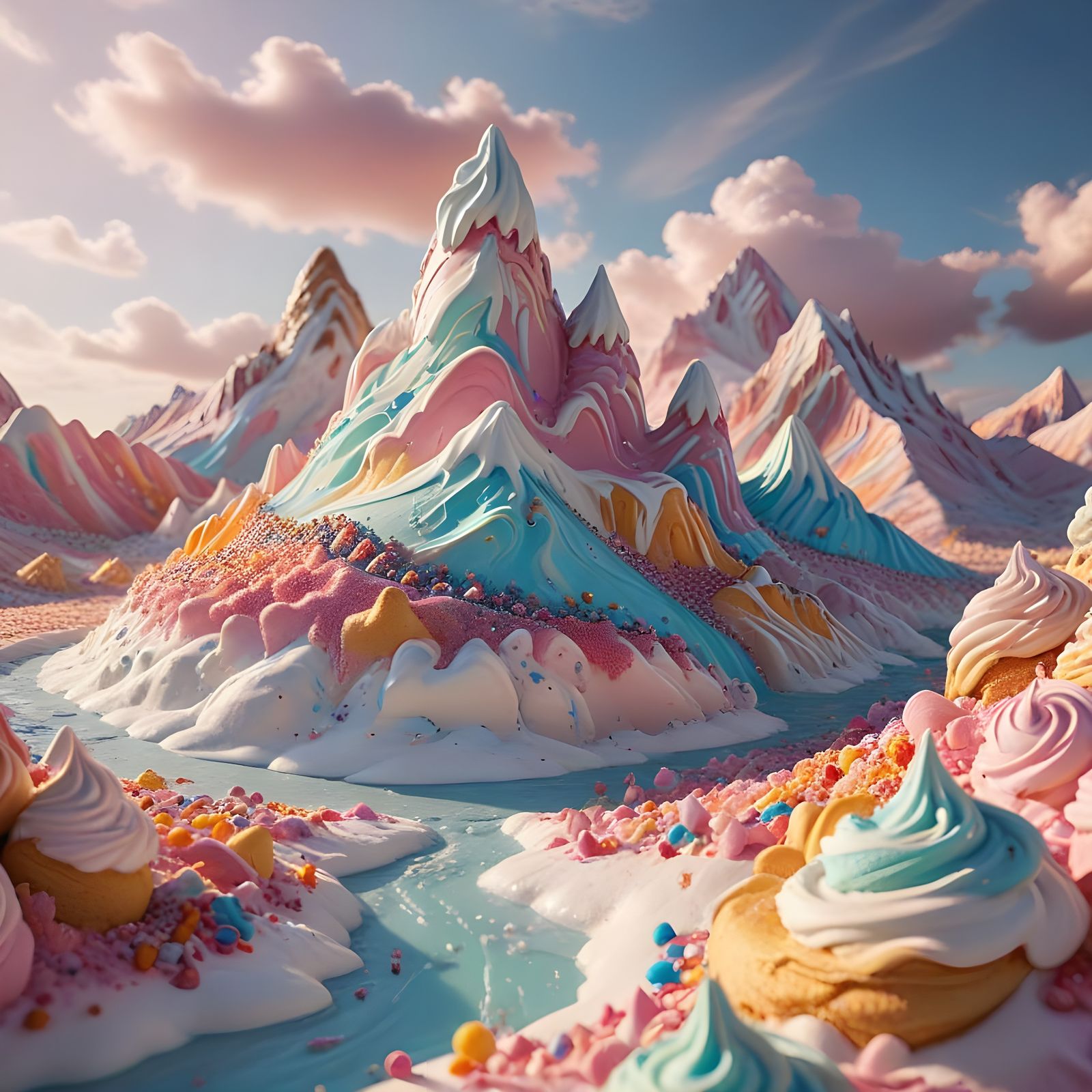 Ice Cream River in Sugary Snow Fantasy Landscape