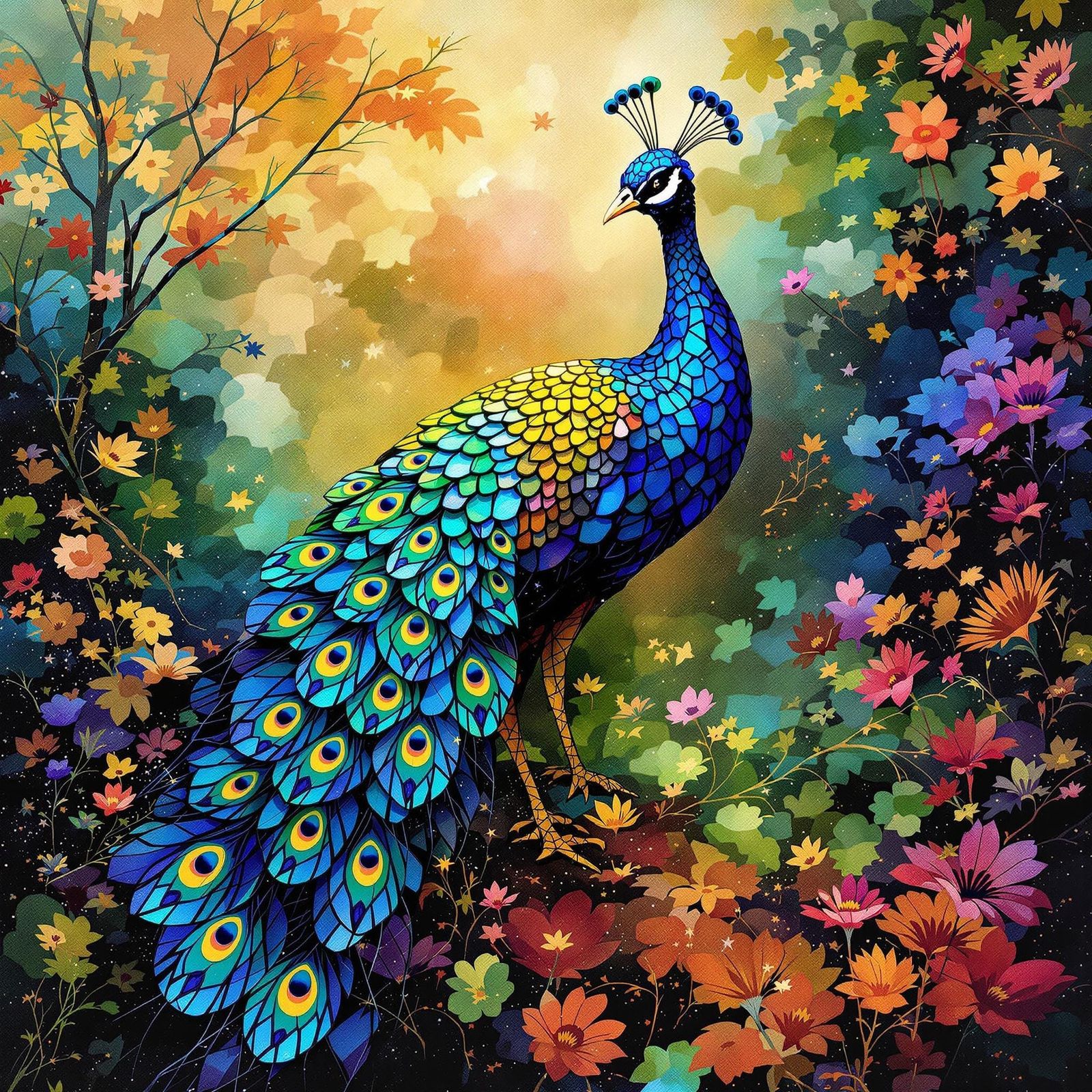 Vibrant Peacock in Stained Glass Style