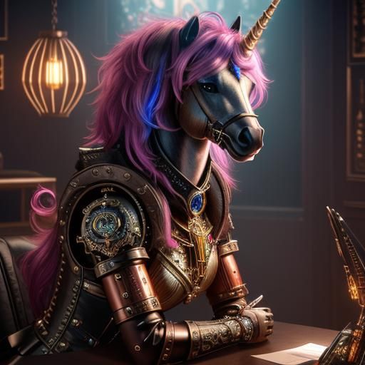 Steampunk Mechanical Unicorn in 8k Detail