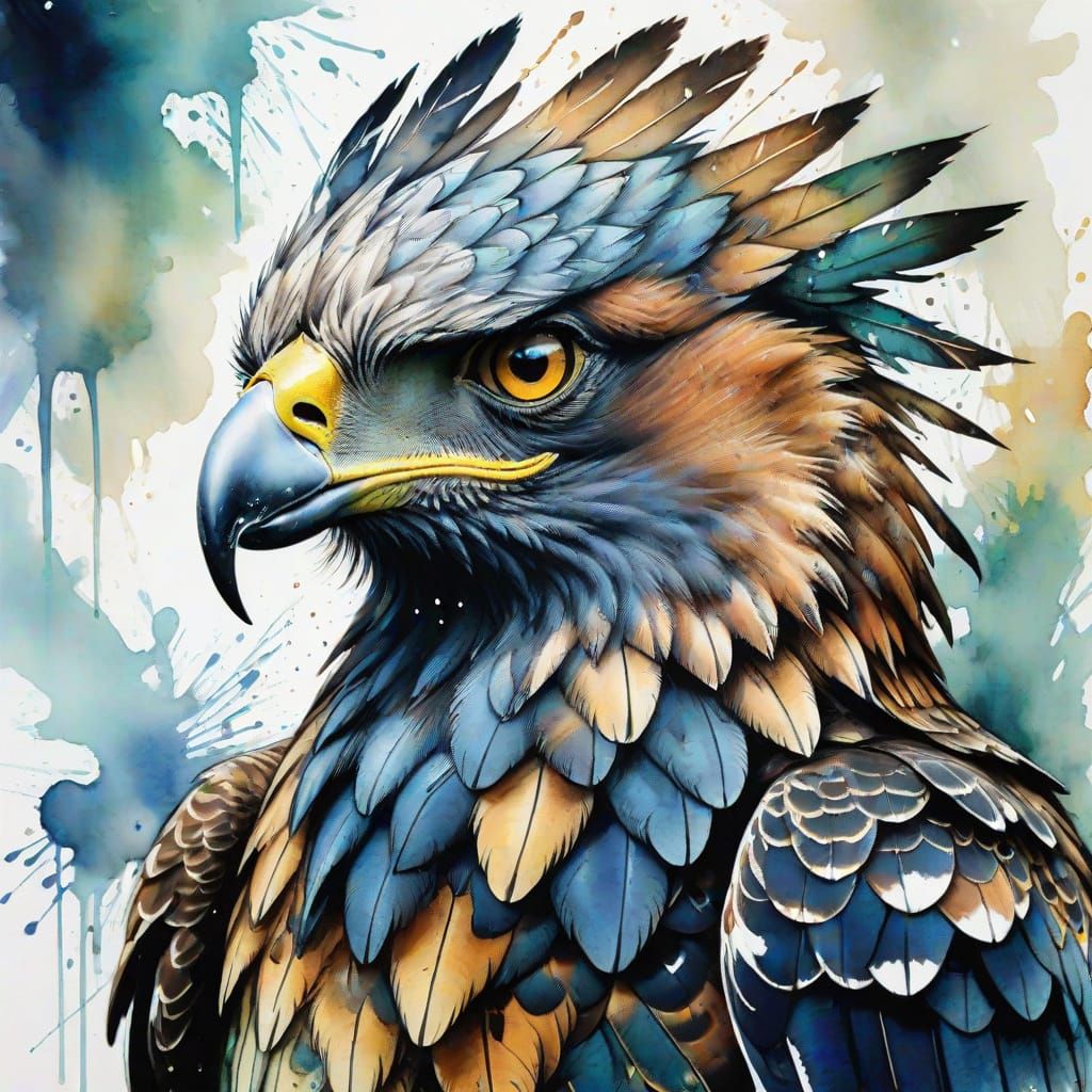 African Crowned Eagle in Watercolor Style