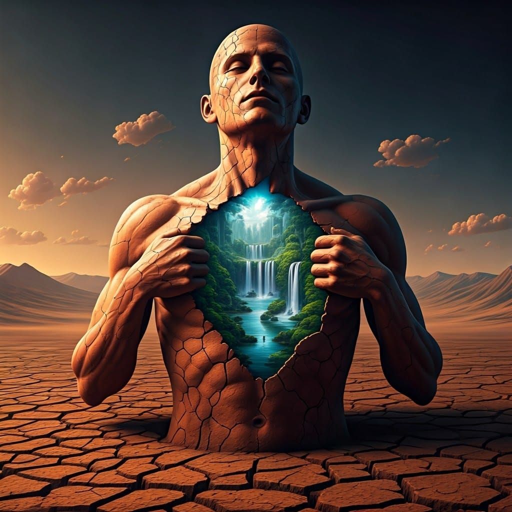 Illusory Oasis Amidst Barren Clay Landscape in Hyperrealisti...