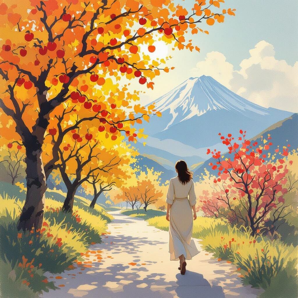 Woman Walks Through Autumn Trees in Shishkin Style