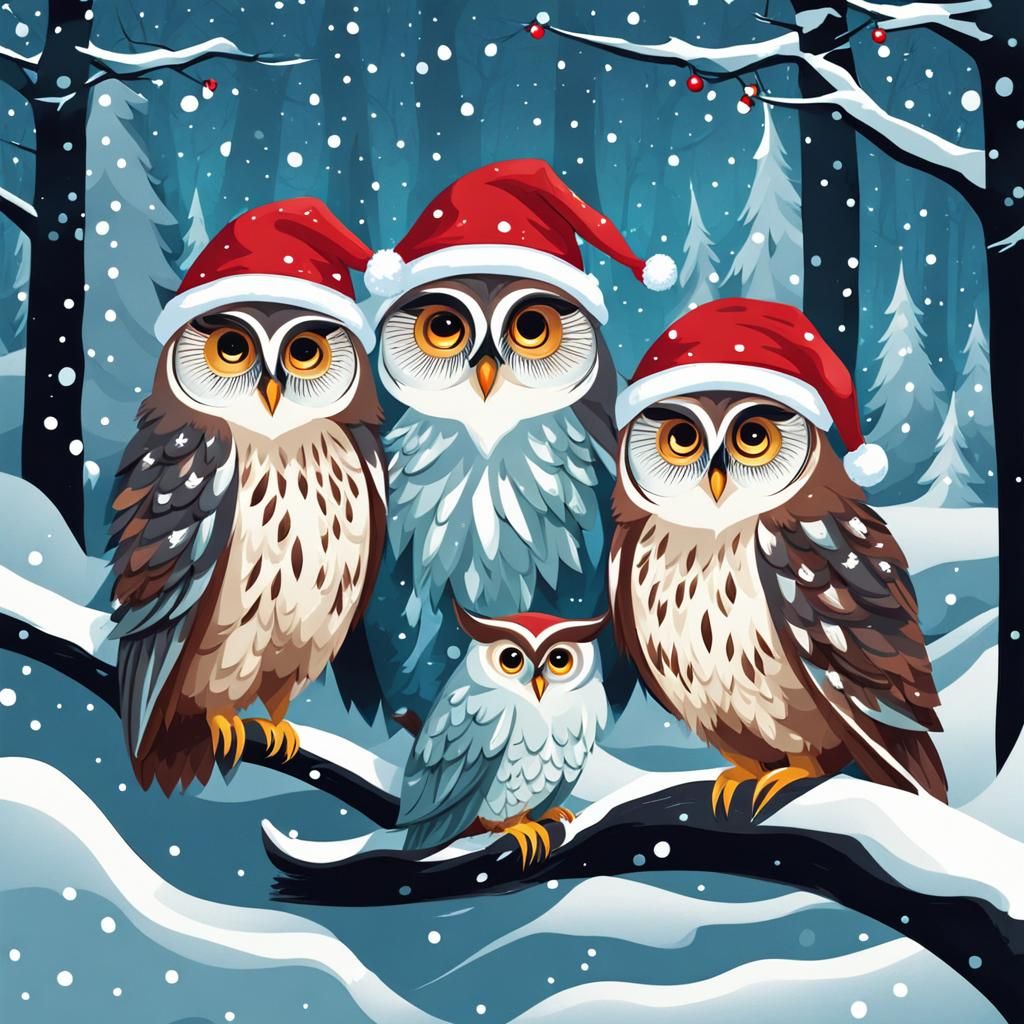 Christmas Owls in Snowy Forest Illustration