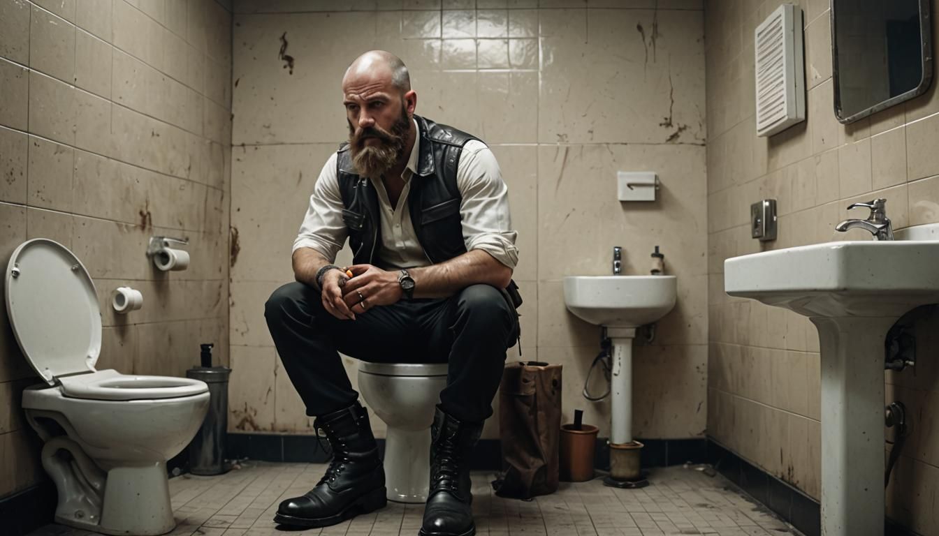 Skinhead Smoking Cigar in Toilet: Cinematic Digital Art