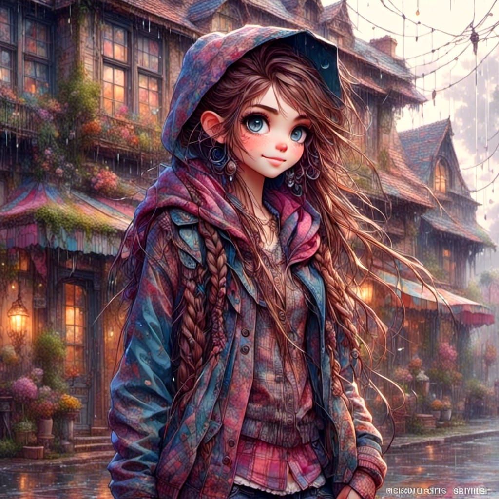 Joyful Girl Dancing in Rainy Anime Style